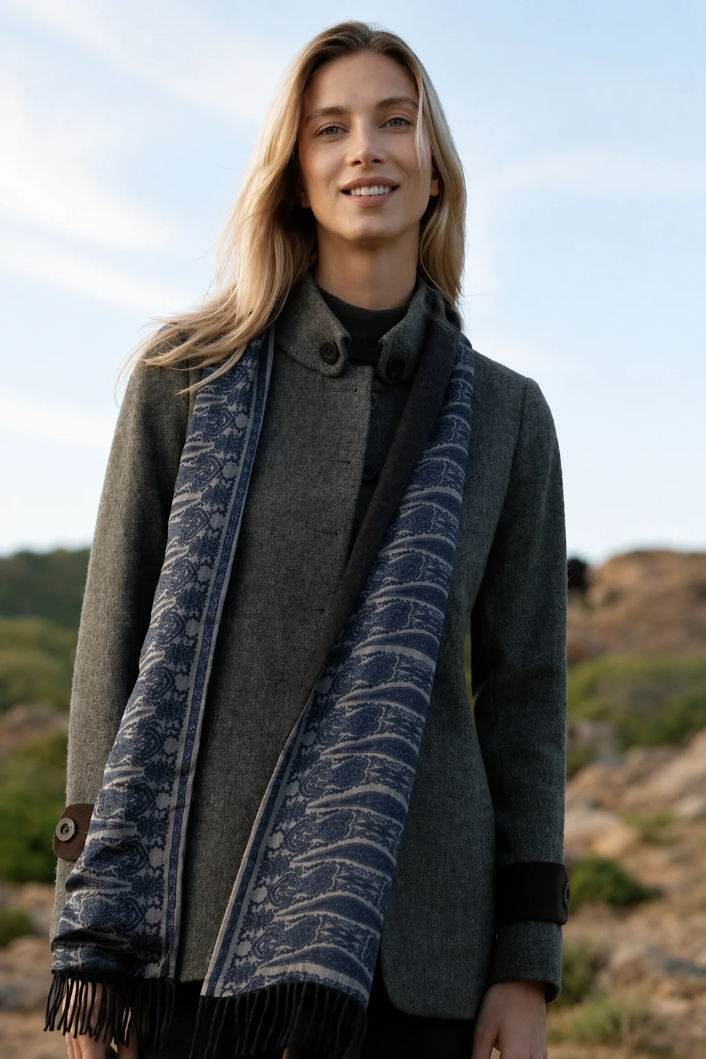 Olive Green Tweed Jacket + Patterned Scarf + Dark Turtleneck