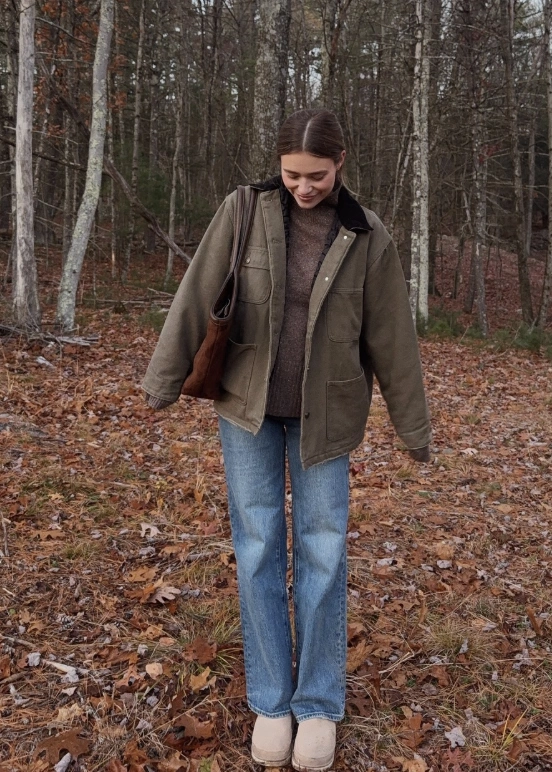 Olive Green Work Jacket + Brown Sweater + Straight Leg Jeans + Suede Clogs