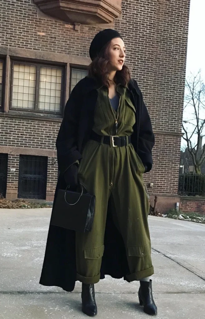 Olive Jumpsuit + Black Overcoat + Leather Boots