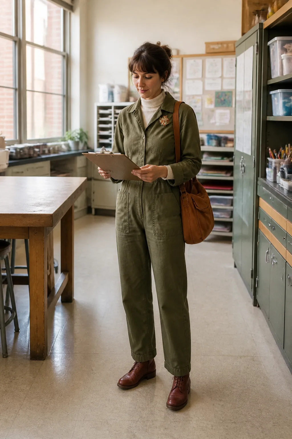 Olive Jumpsuit, Cream Turtleneck, and Lace-Up Boots
