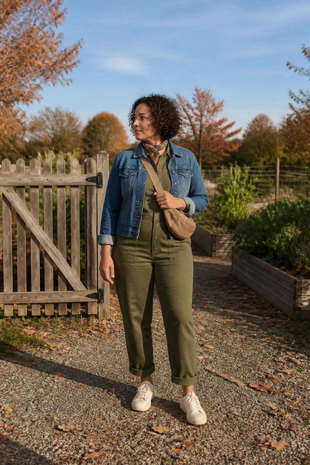 Olive Jumpsuit with Denim Jacket