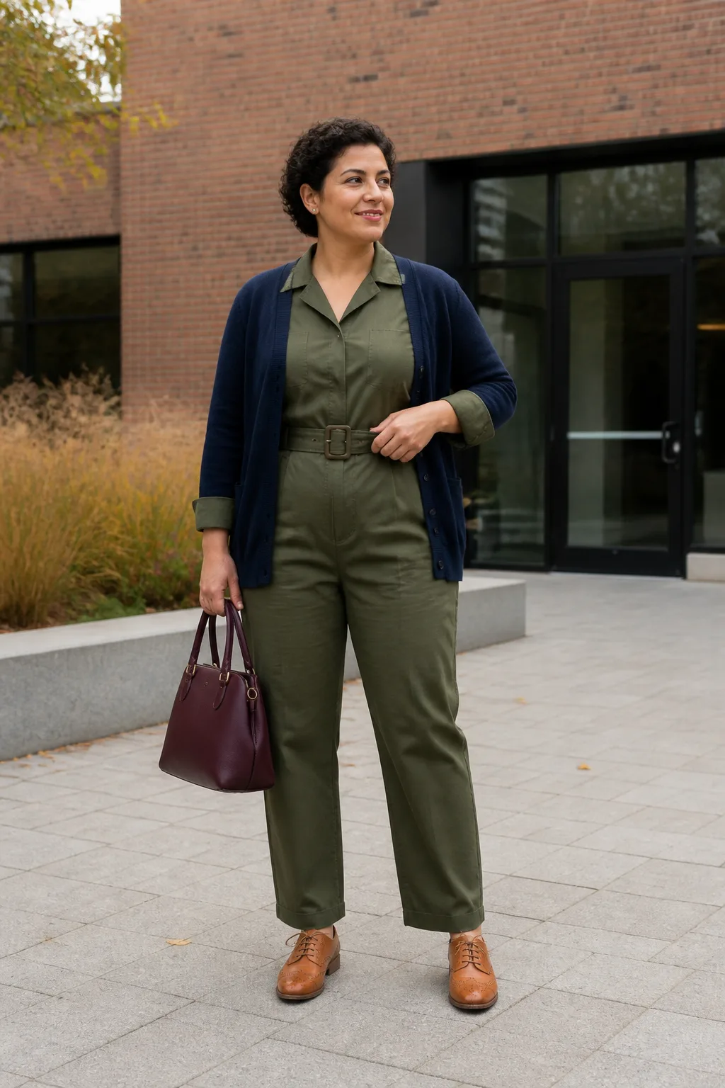 Olive Jumpsuit with Navy Cardigan