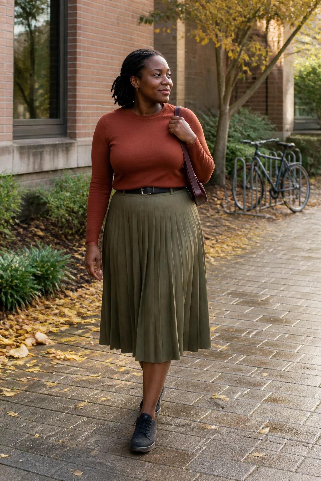 Olive Midi Skirt, Fine-Gauge Sweater, and Gray Sneakers