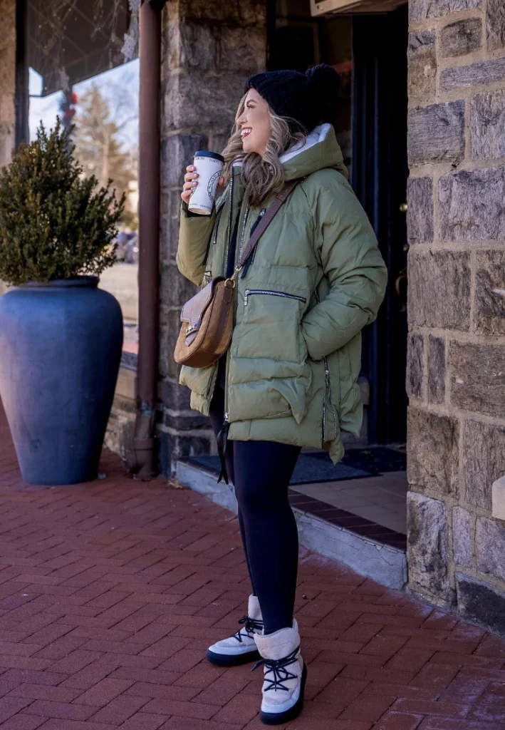 Olive Puffer Coat + Black Leggings + Moon Boots