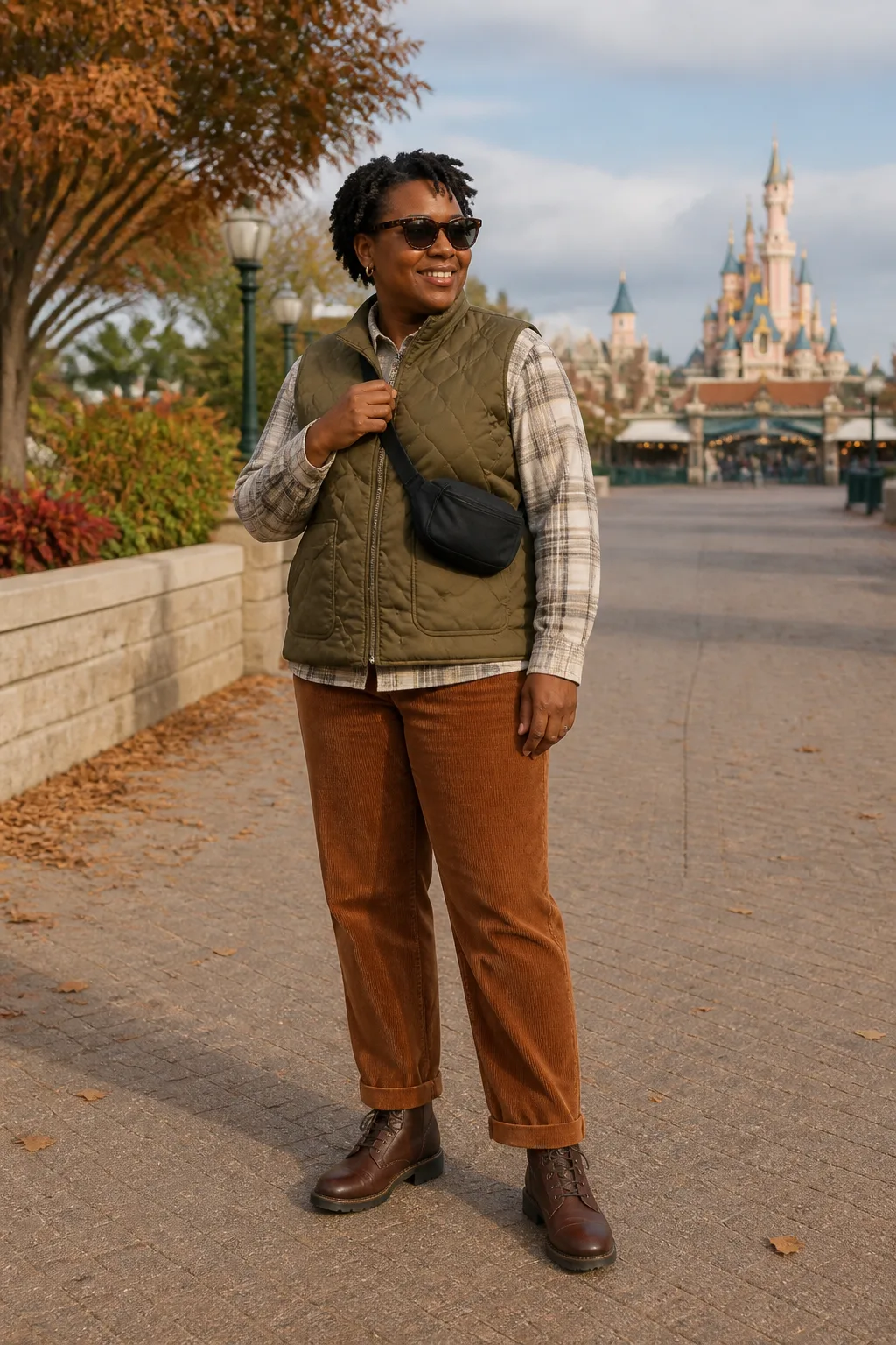 Olive Quilted Vest, Plaid Shirt and Corduroy Pants
