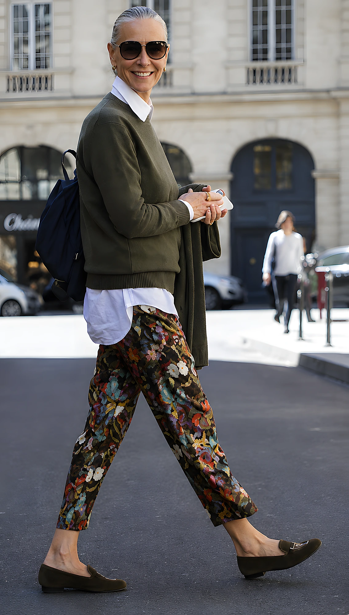 Olive Sweater + White Shirt + Floral Trousers