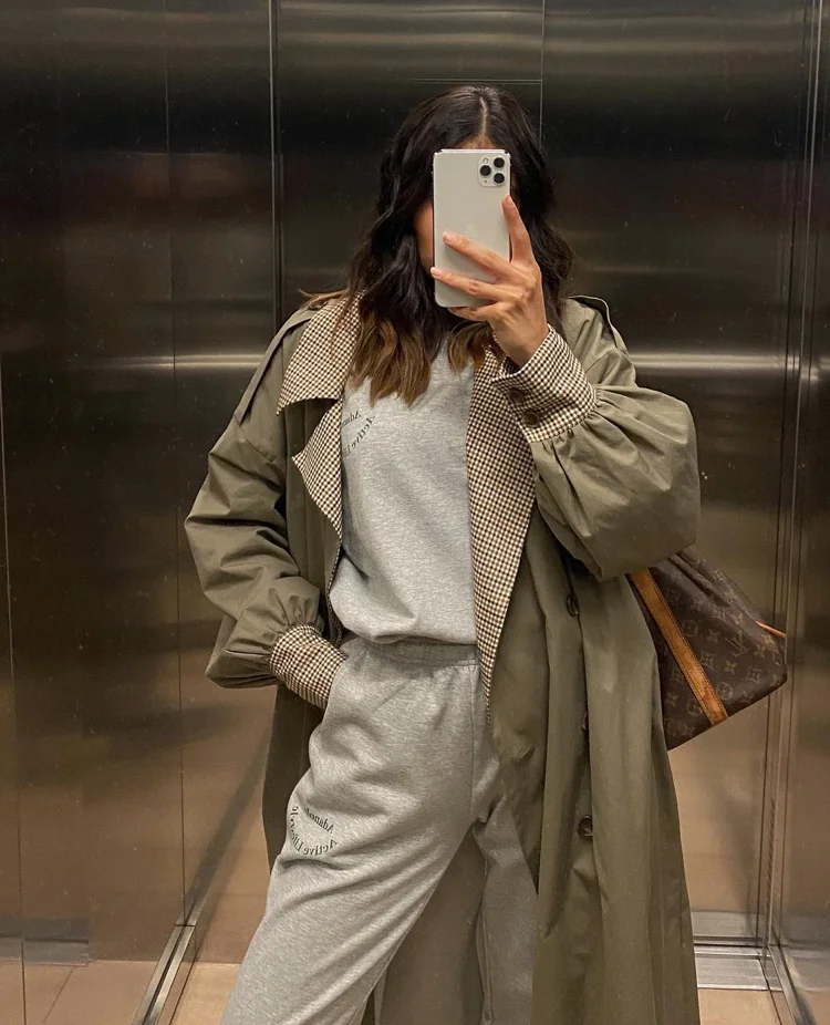 Olive Trench Coat + Light Gray Sweatshirt + Light Gray Sweatpants