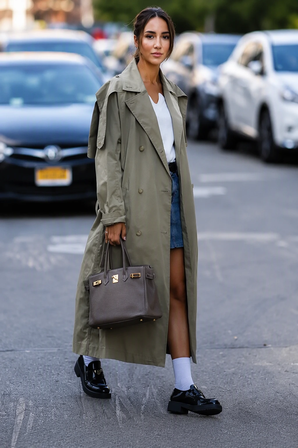 Olive Trench Coat + White V-Neck Top + Blue Denim Mini Skirt + Black Chunky Loafers