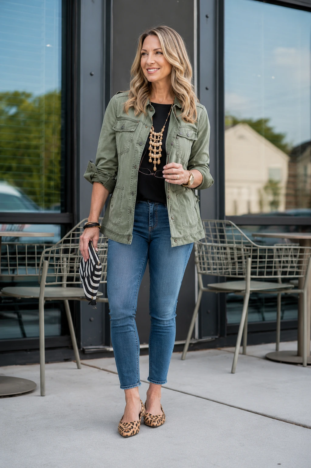 Olive Utility Jacket + Black Tee + Skinny Jeans