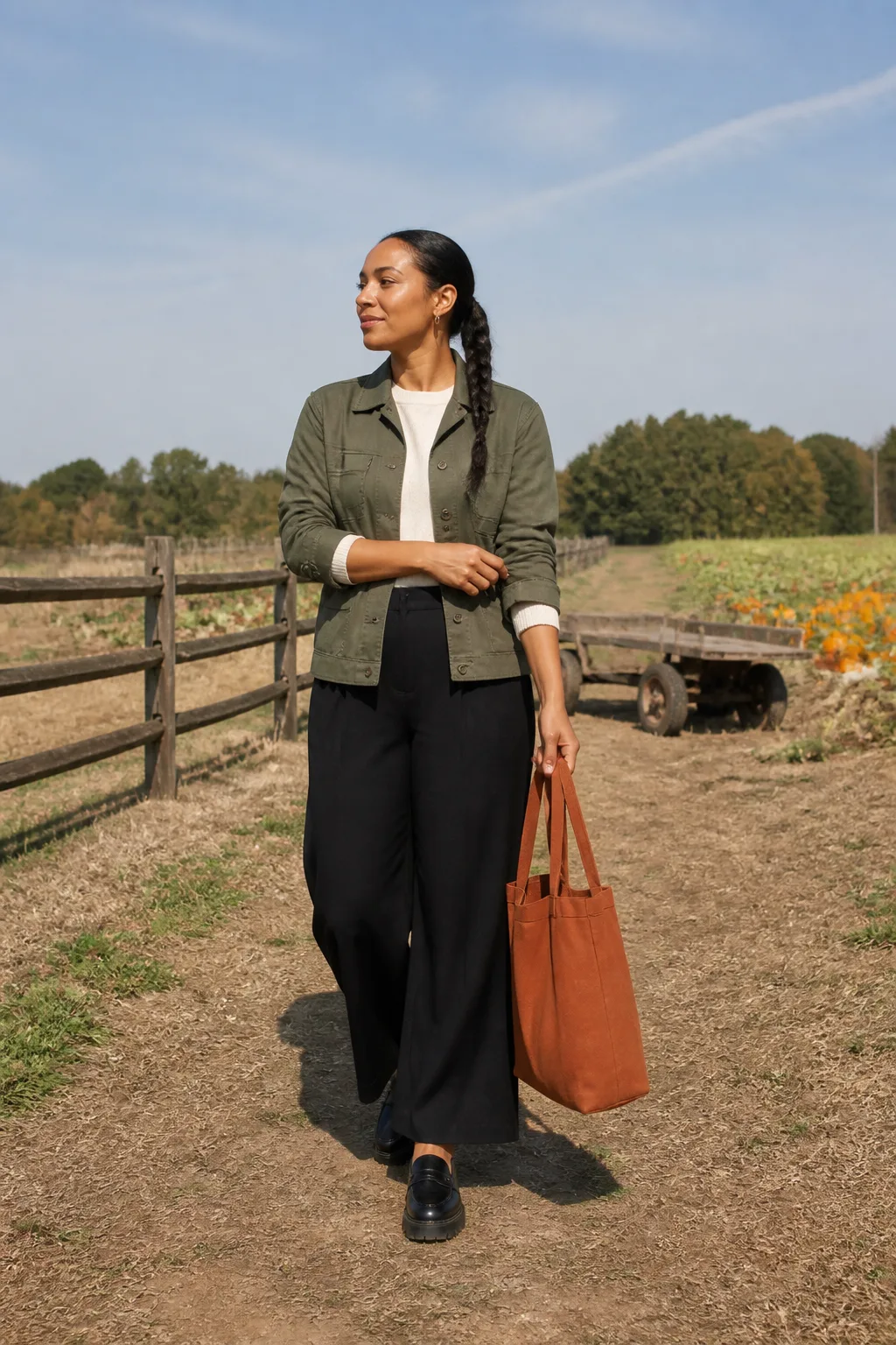 Olive Utility Jacket with Black Wide-Leg Pants