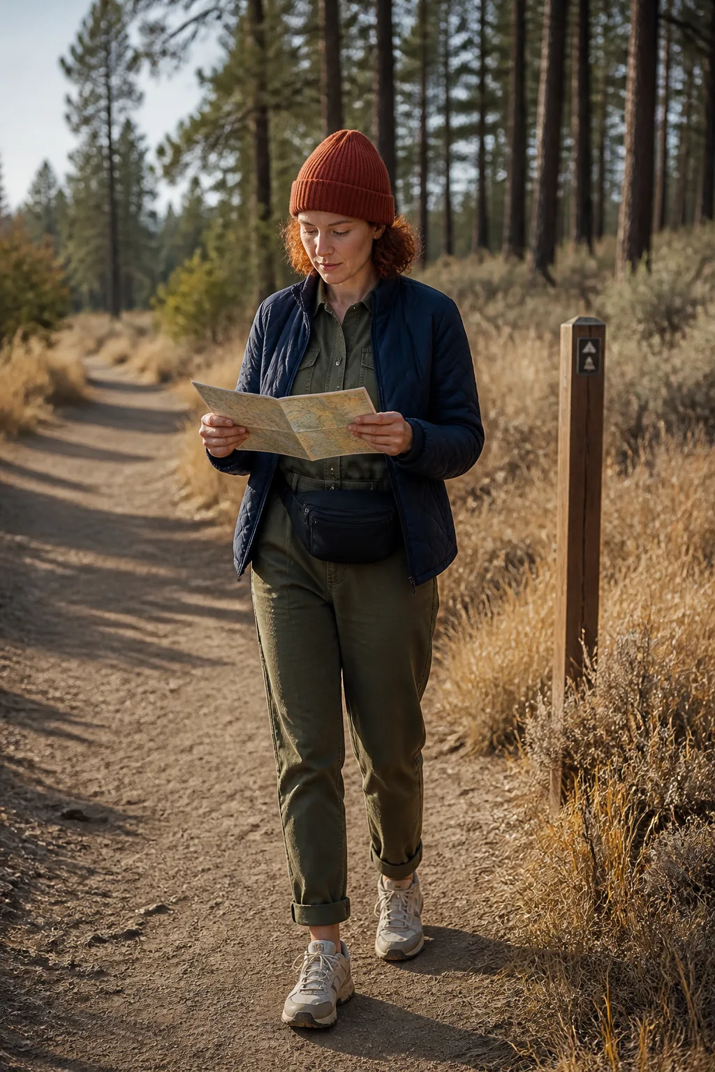 Olive Utility Jumpsuit, Quilted Jacket, and Trail Sneakers