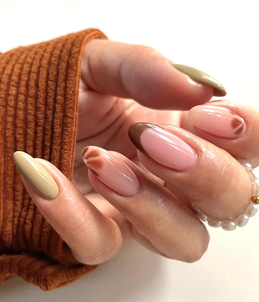 Ombre Almond Fall Gel Nails with Earthy Tones and Subtle Swirls