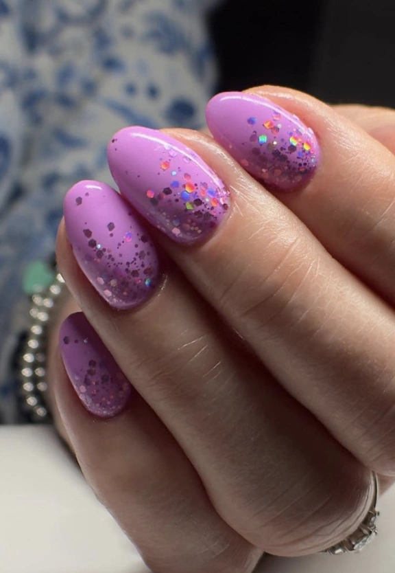 Ombre Almond Lavender Nails with Dazzling Glitter Gradient
