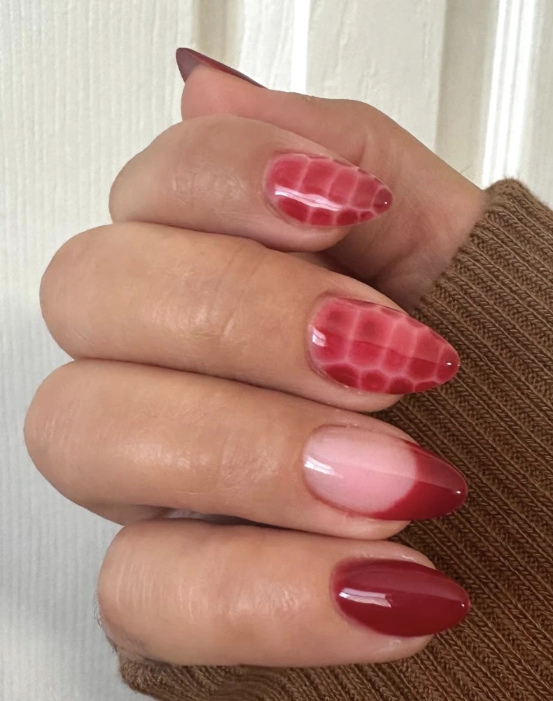 Ombre Almond Nails in Rich Burgundy and Soft Rose with Textured Patterns