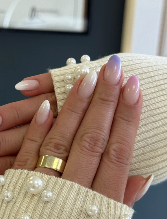 Ombre Almond Nails: Lavender, Rose, and Cream Fade