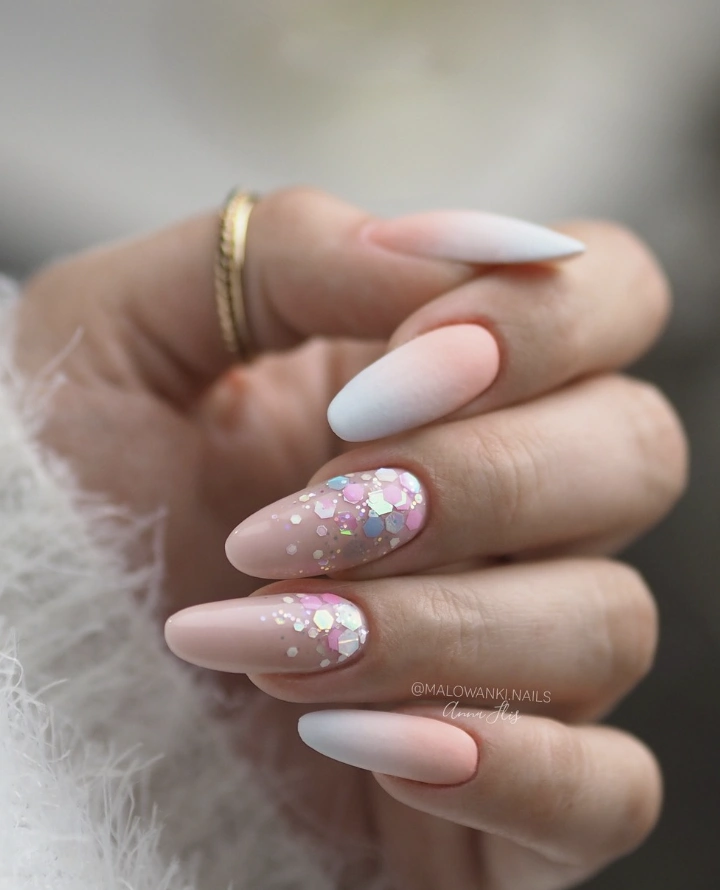Ombre Almond Nails with Iridescent Glitter