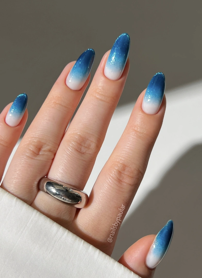 Ombre Almond Nails with Shimmering Sapphire Tips