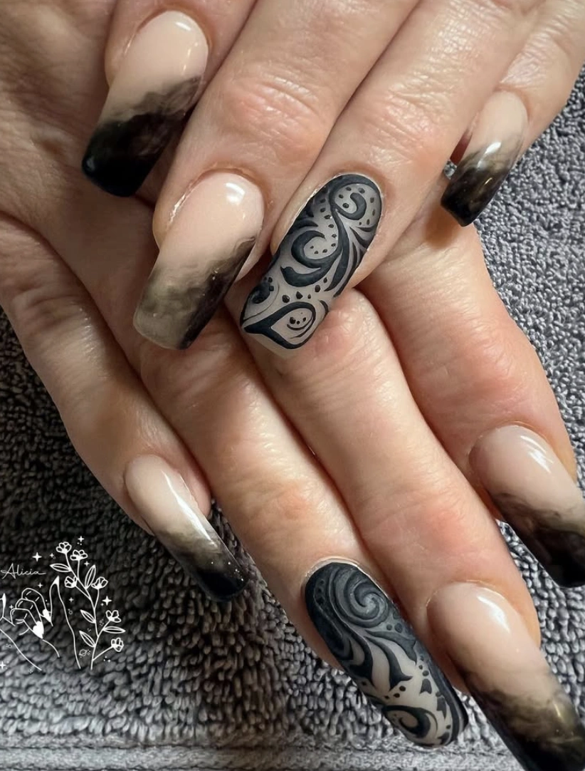 Ombre and Ornamental Lace Nails with Black Detailing