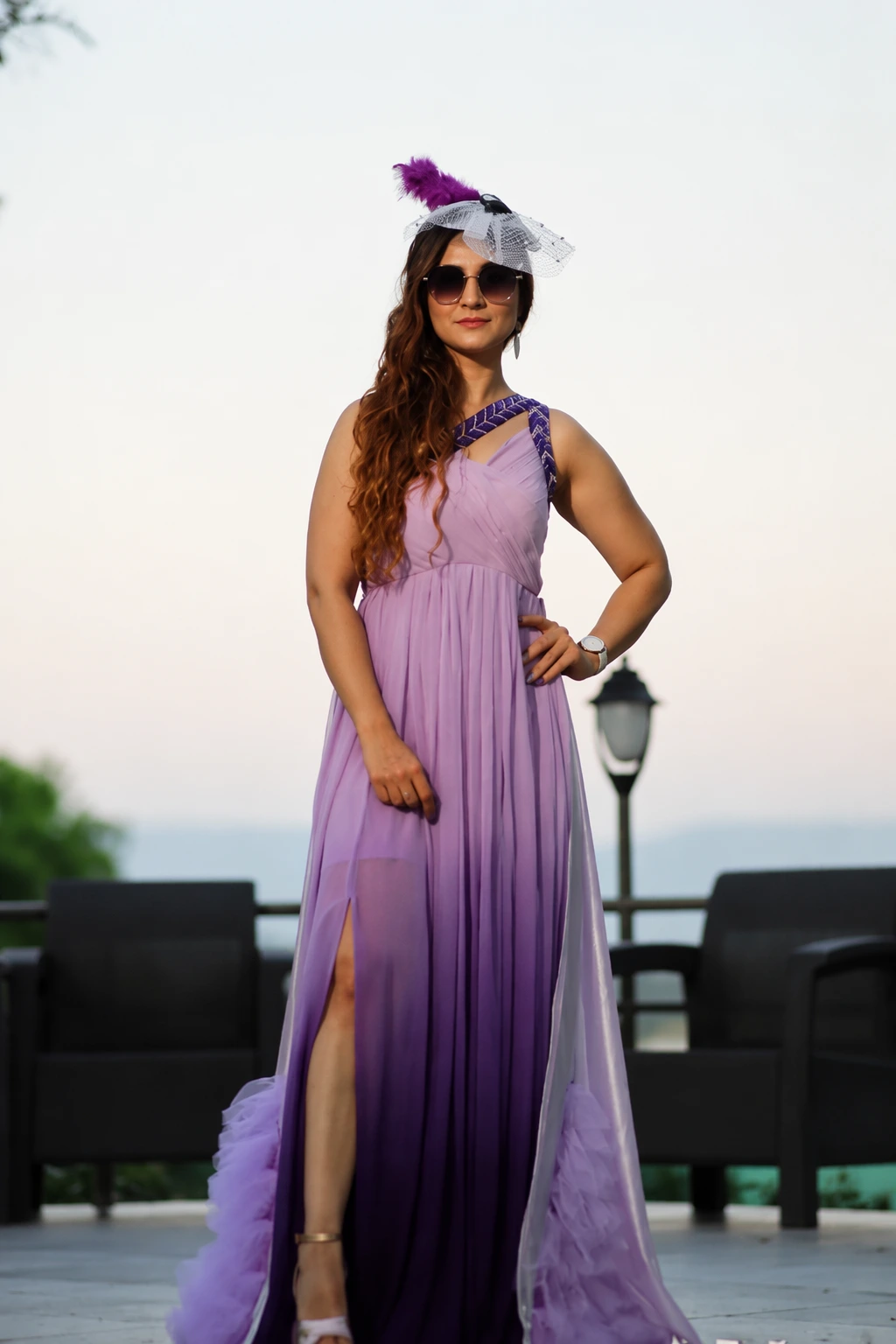 Ombre Gown + Feather Fascinator + Aviator Sunglasses