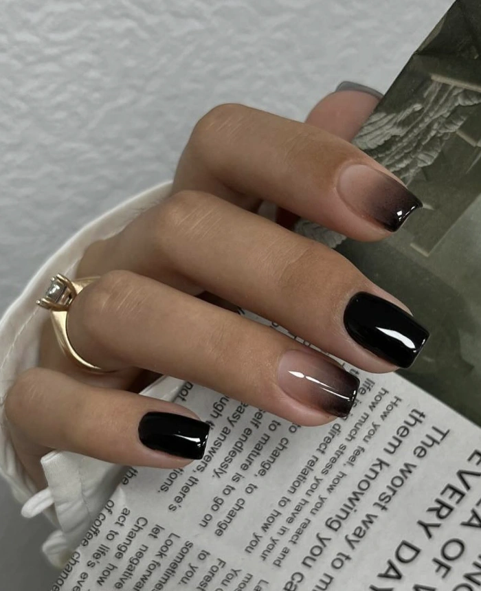 Ombre Gradient Square Nails with Solid Black Accents