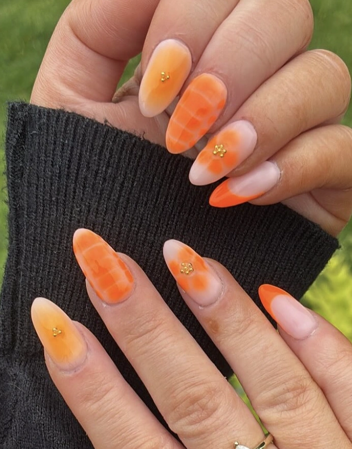 Ombre Orange Spring Nails with Geometric and Floral Gold Accents