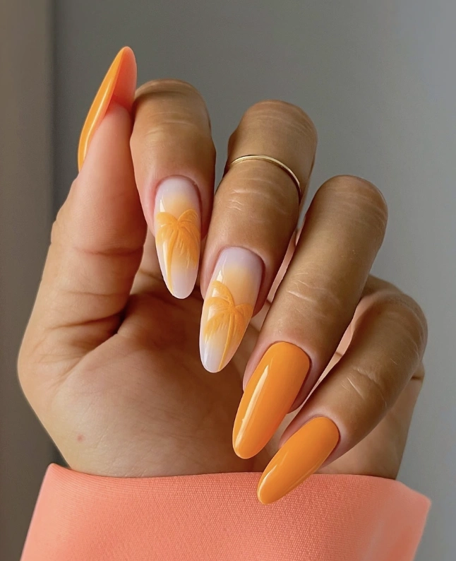 Ombre Palm Tree Accent on Glossy Orange Almond Nails