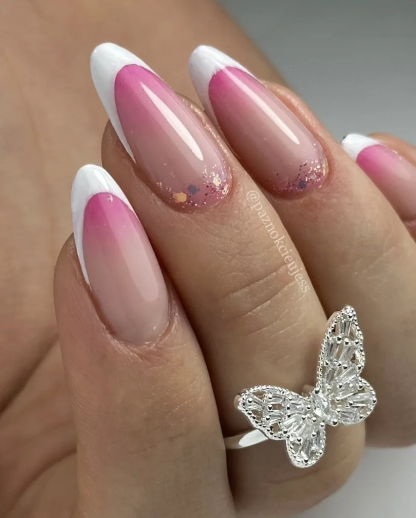 Ombre Pink Almond Nails with Glitter and White French Tips