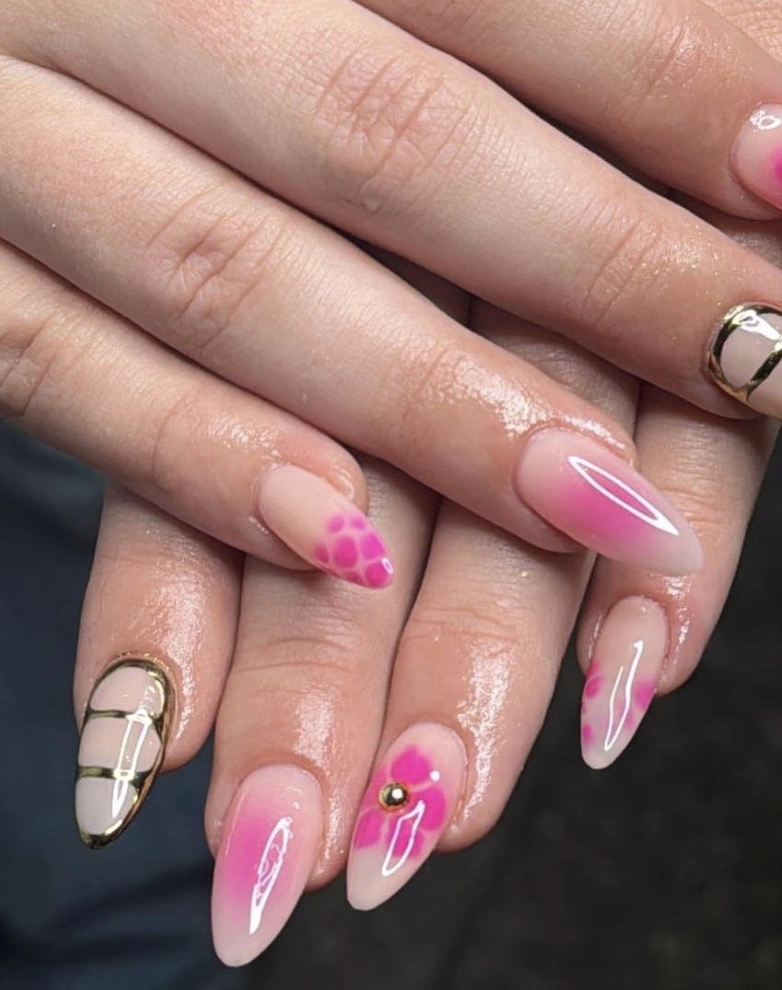 Ombre Pink Almond Nails with Gold Accent Cage