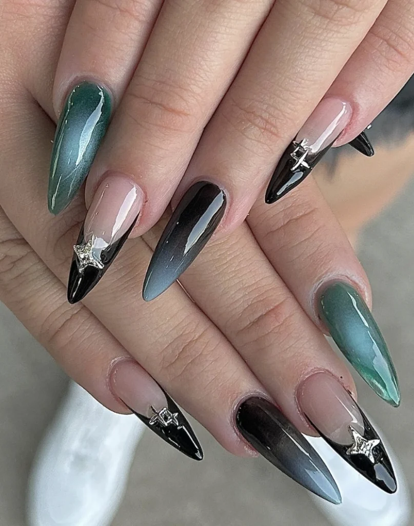 Ombre Stiletto Nails in Deep Green and Black with Dazzling Silver Stars
