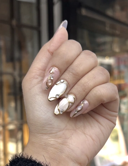 Opalescent Almond Nails with Gold Wire Accents