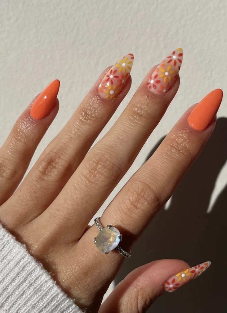Orange Blossom Almond Nails with Solid Accent