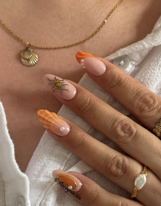 Orange Ombre Tips with Sun and Seashell Accents