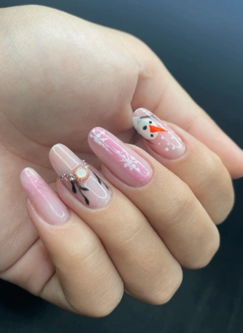 Oval Gel Nails with Snowman Accent and Snowflake Details