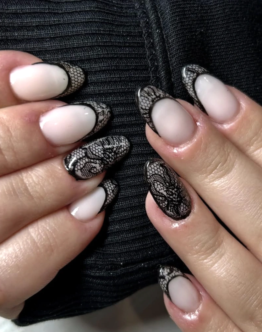 Oval Nails with Black Lace French Tip Design
