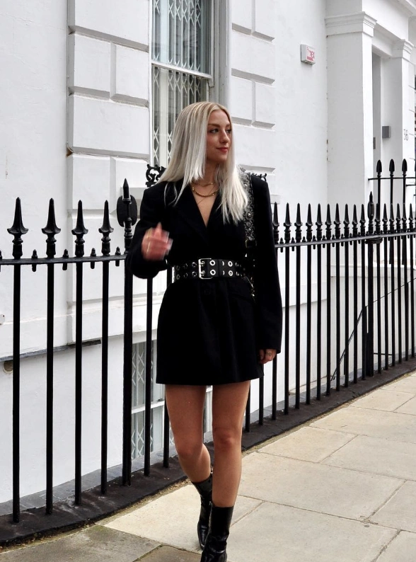 Oversized Black Blazer Dress + Chunky Gold Chain + Big Buckle Belt + Black Ankle Boots