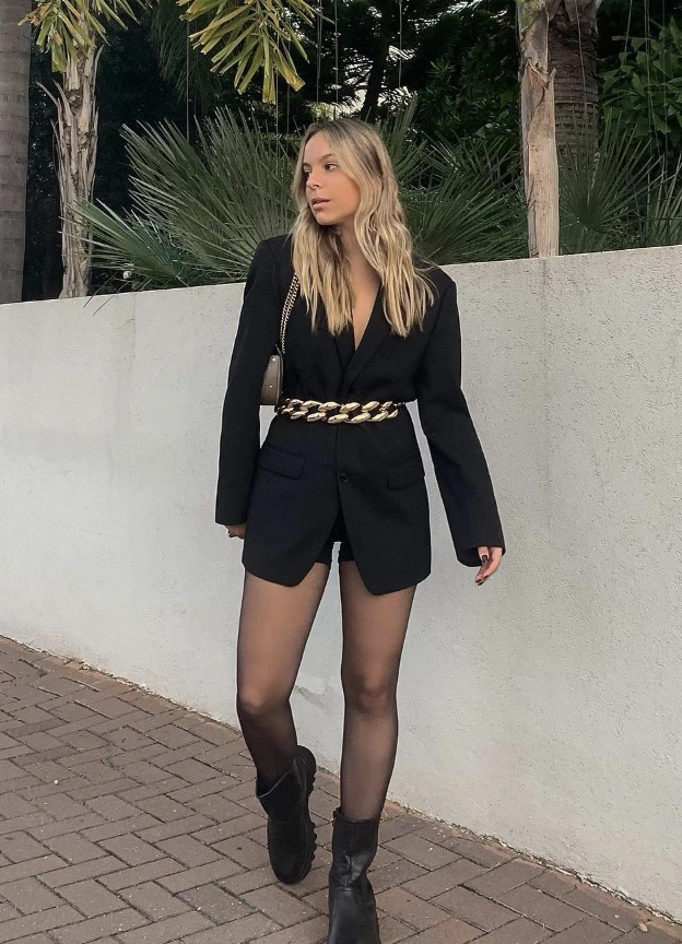 Oversized Black Blazer + Gold Chain Thick Belt + Black Shorts + Black Tights + Chunky Boots