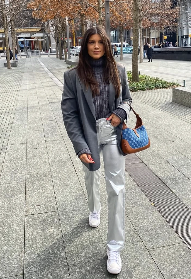 Oversized Blazer + Gray Turtleneck + Silver Trousers + Denim Bag