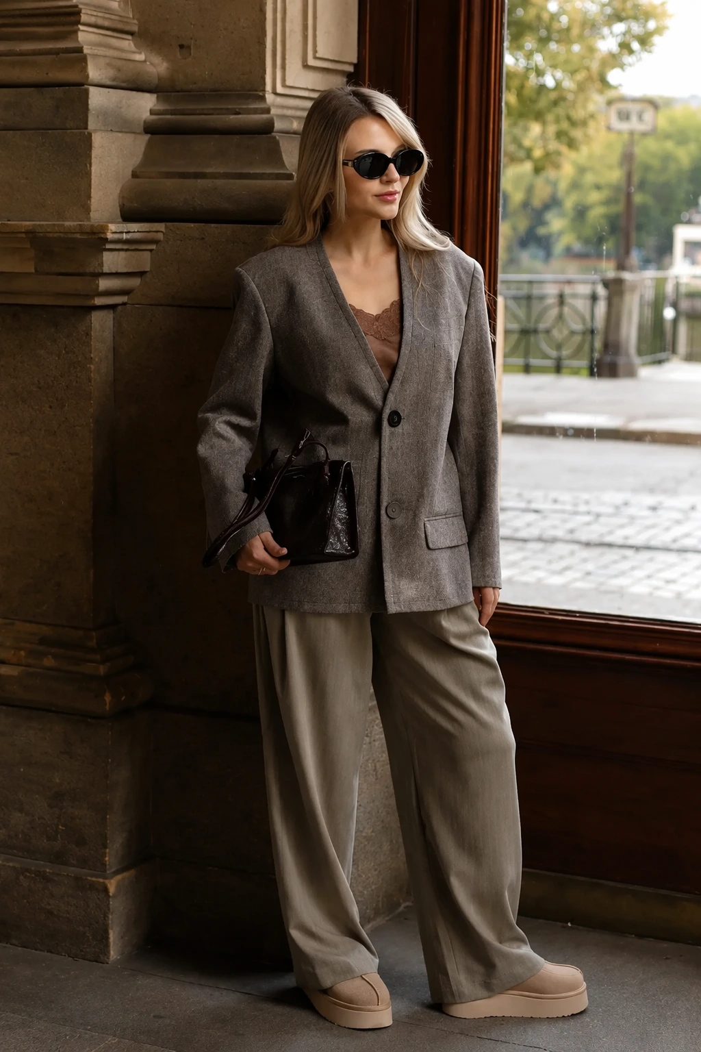 Oversized Blazer + Lace Cami + Wide Leg Pants + Platform Loafers