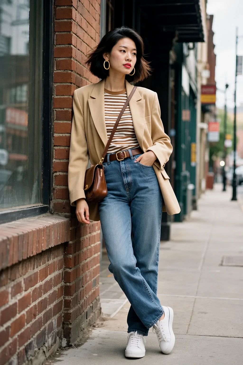 Oversized Blazer + Striped Tee + Straight Leg Jeans + White Sneakers