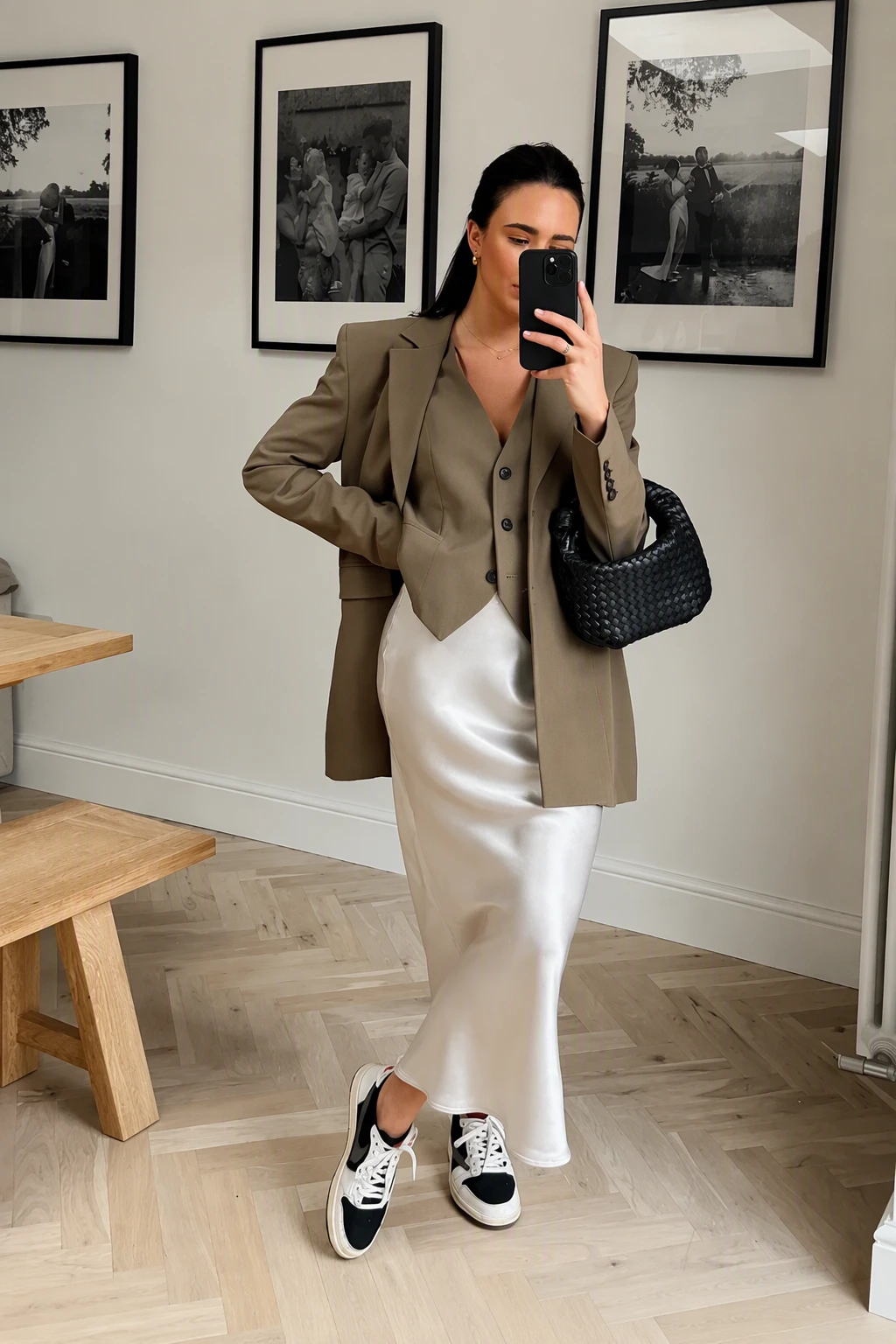Oversized Brown Blazer and Vest + Satin Slip Skirt + Sneakers