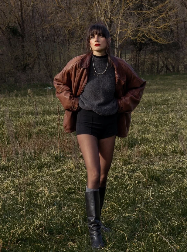 Oversized Brown Jacket + Gray sweater + Sheer tights + Black Mini Shorts