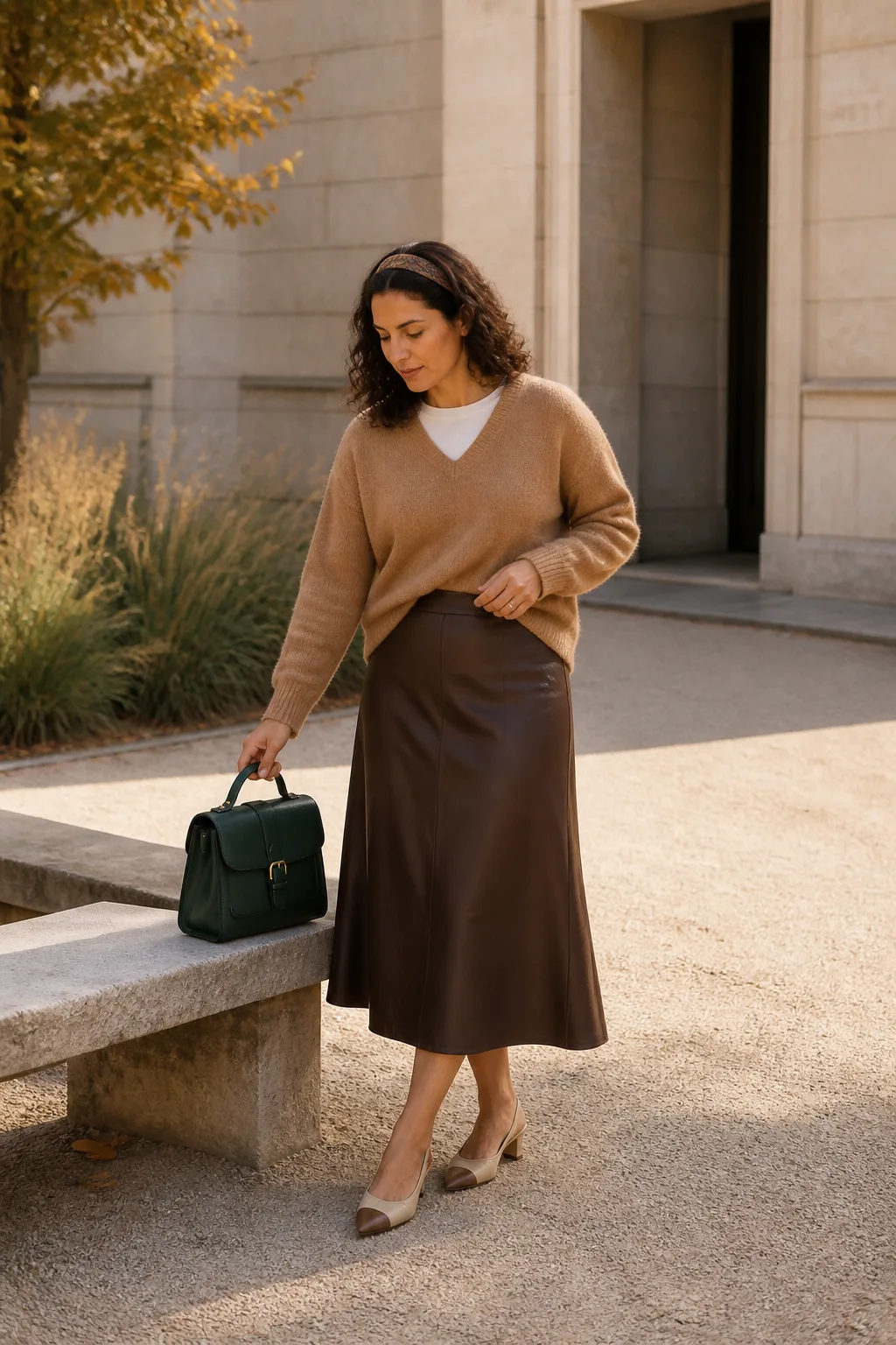 Oversized Camel Sweater with a Leather Midi Skirt