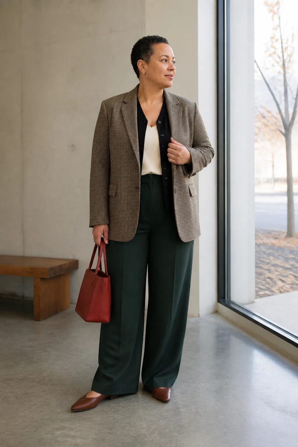 Oversized Checked Blazer with a Satin Camisole Layer