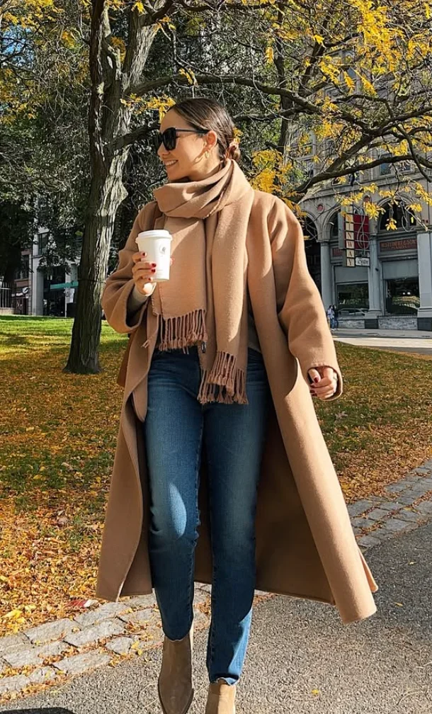 Oversized Coat + Blue Jeans + Chunky Scarf