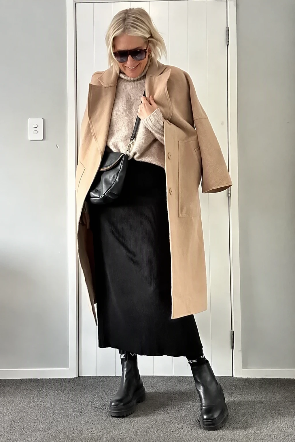 Oversized Coat + Chunky Knit Sweater + Maxi Black Skirt