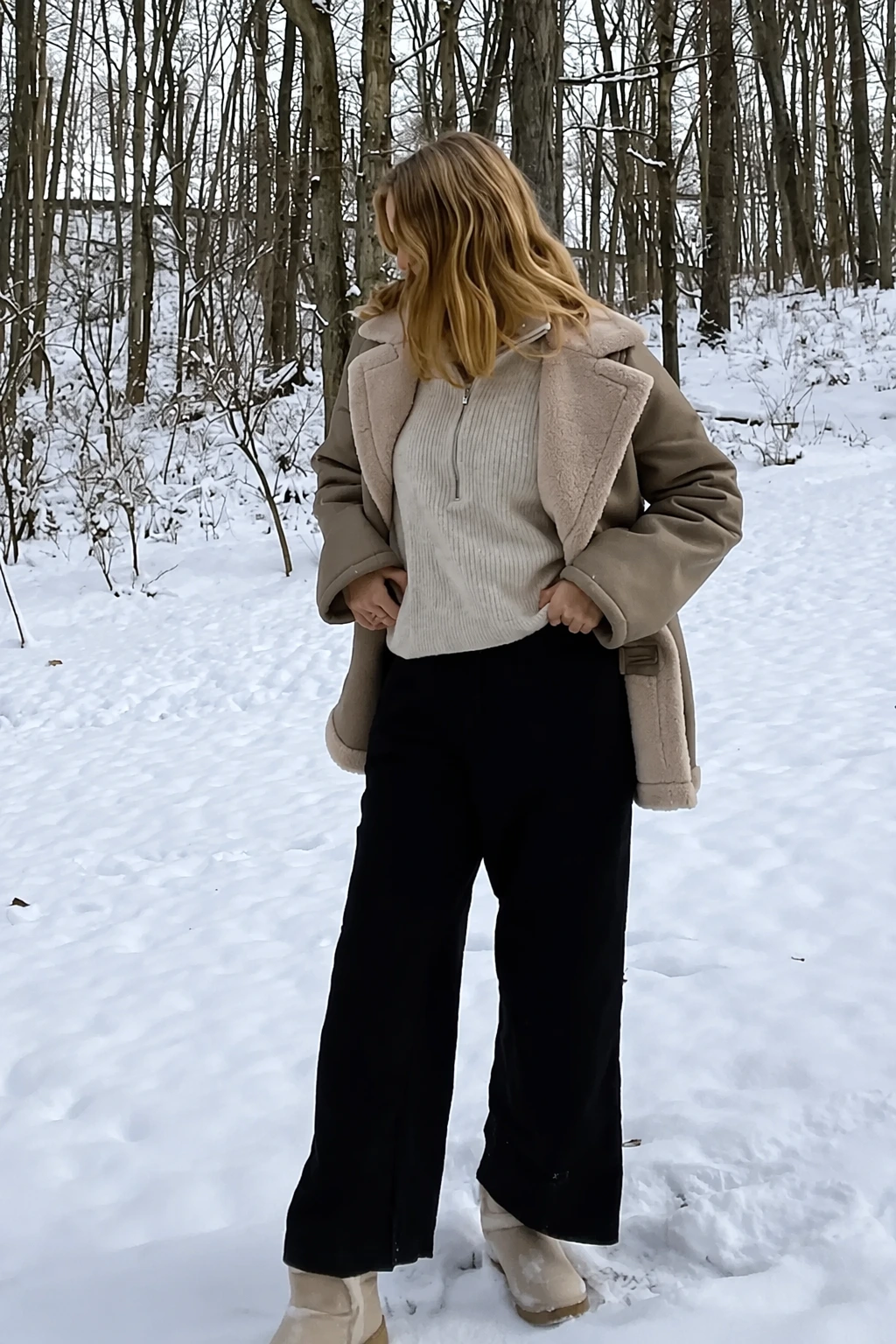 Oversized Coat + Knit Half Zipper Sweater + Black Wide Pants