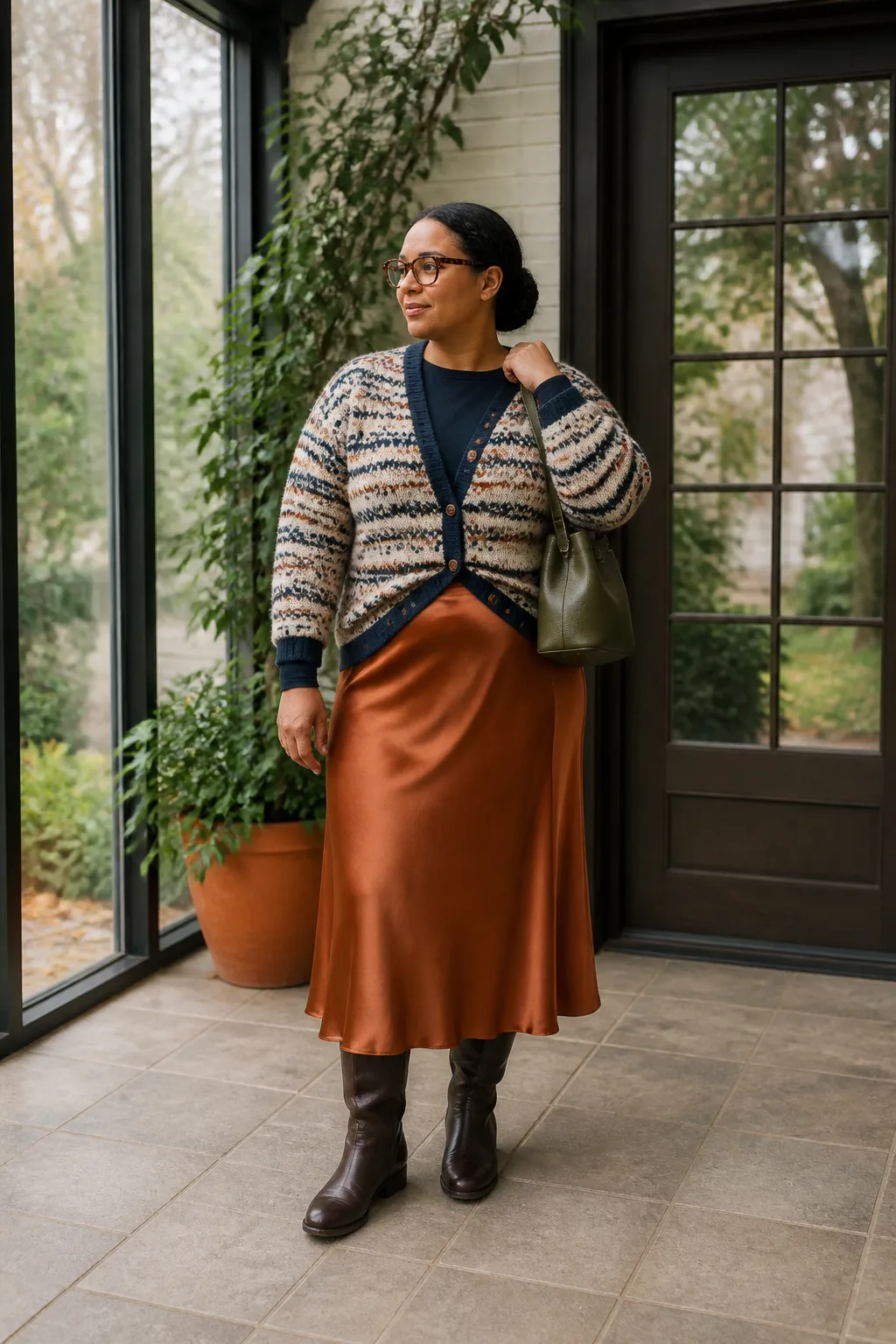 Oversized Fair Isle Cardigan with a Satin Midi Skirt
