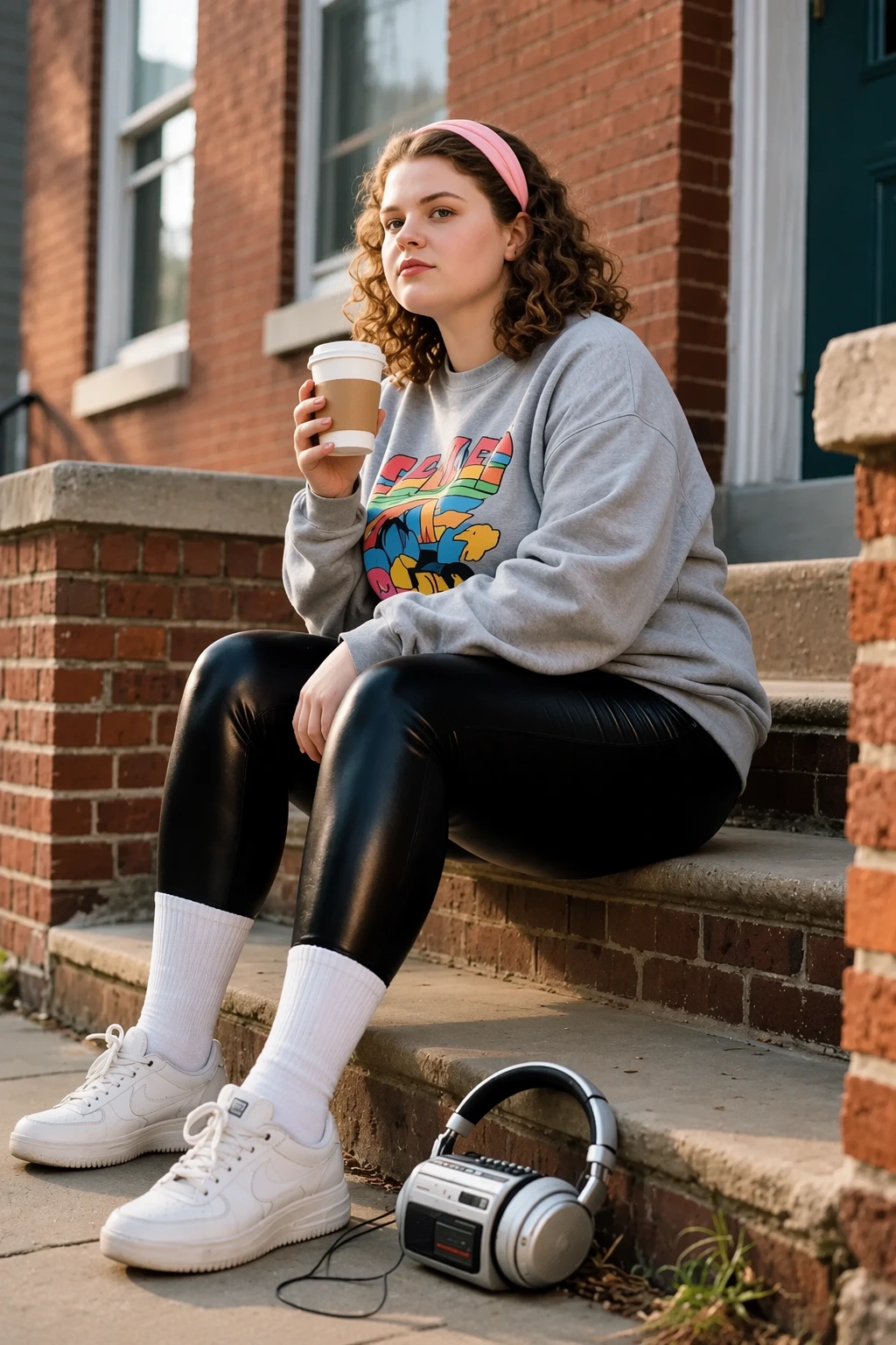 Oversized Graphic Sweatshirt + Faux Leather Leggings + Retro Walkman