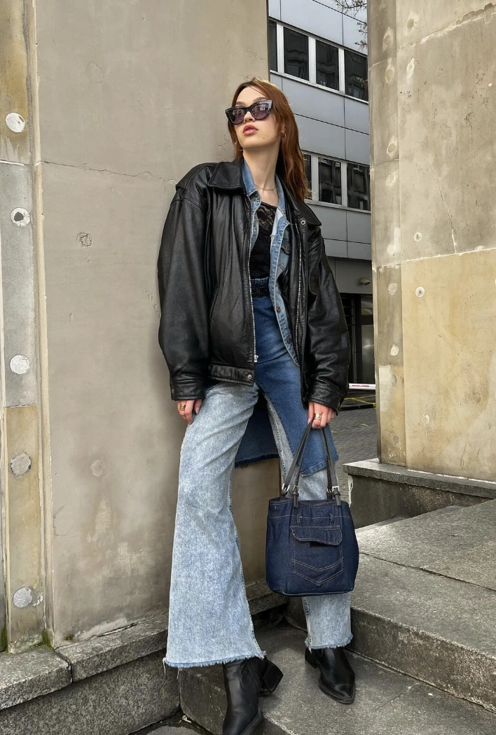 Oversized Leather Jacket + Denim Jacket + Two-Tone Jeans + Denim Tote