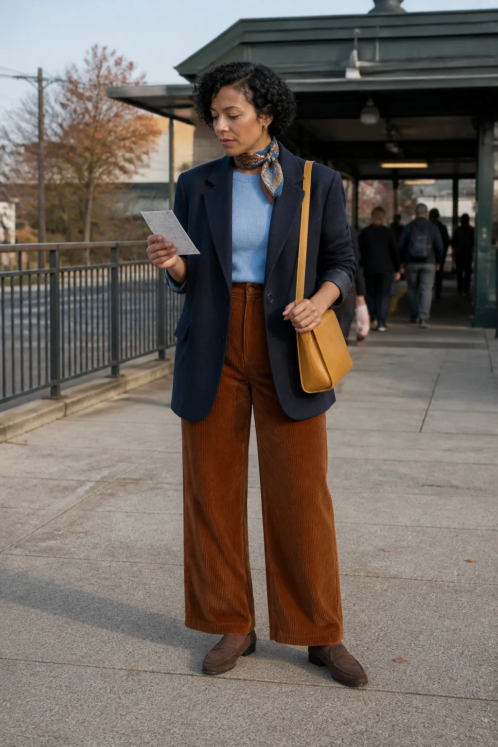 Oversized Navy Blazer with Corduroy Trousers